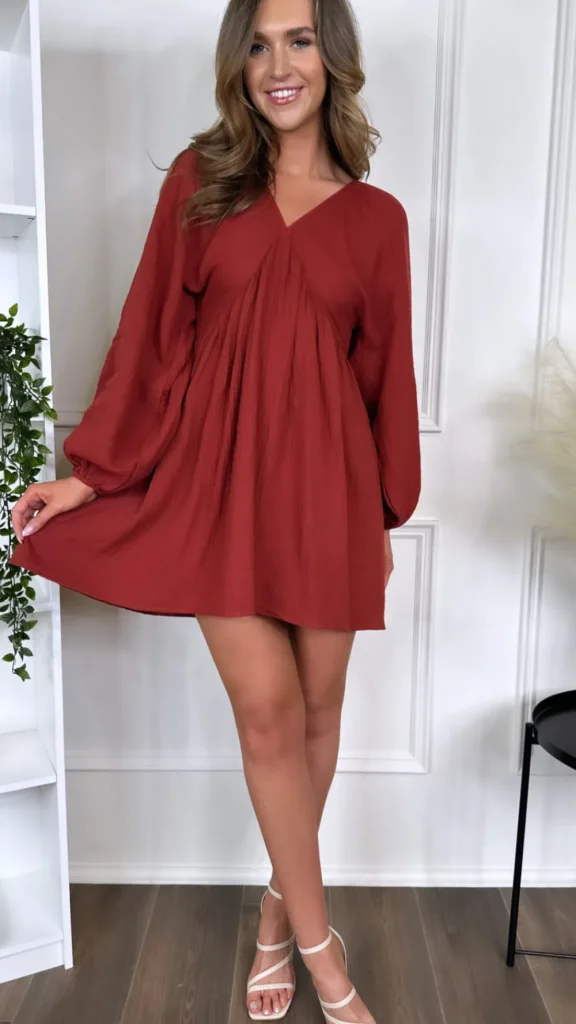 ELENZA Day Dresses | Going Out Dresses^Aurora Rust V Neckline Wide Sleeve Mini Dress