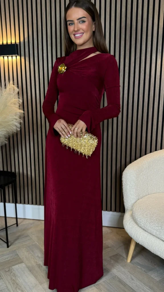 TIMELY Fitted Dresses | Going Out Dresses^Ayda Burgundy Split Neckline Brooch Detail Maxi Dress