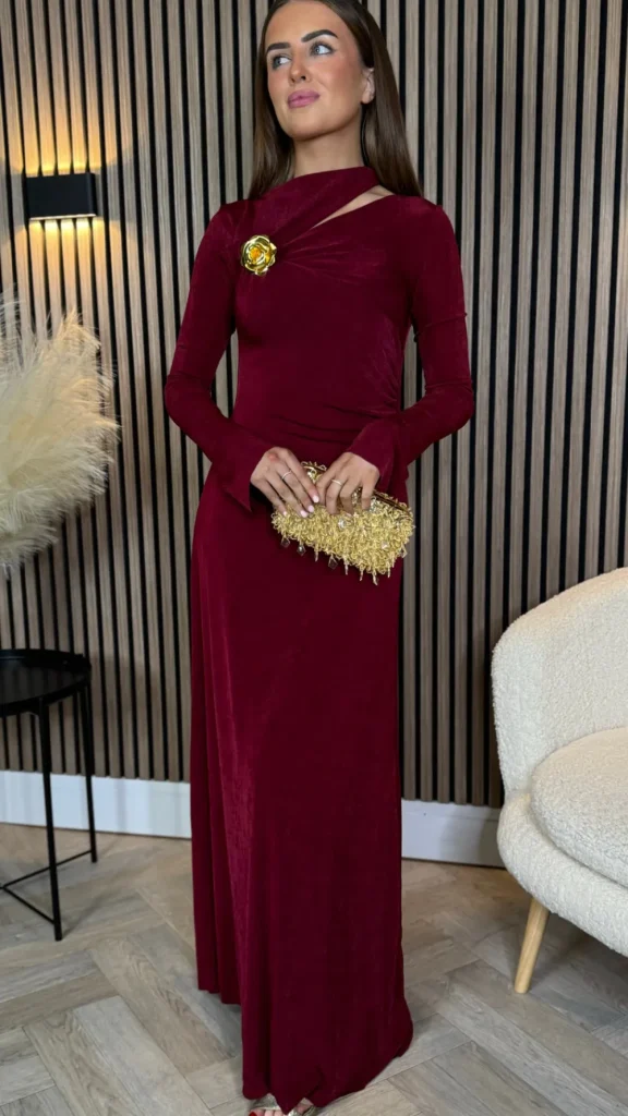 TIMELY Fitted Dresses | Going Out Dresses^Ayda Burgundy Split Neckline Brooch Detail Maxi Dress
