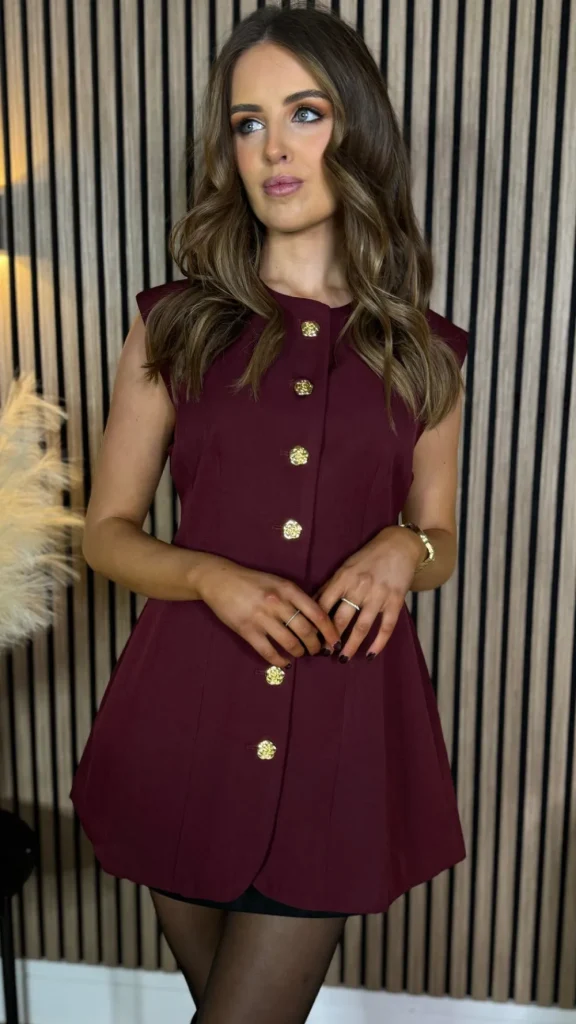 TIMELY Tops^Becca Burgundy Longline Button Detail Waistcoat