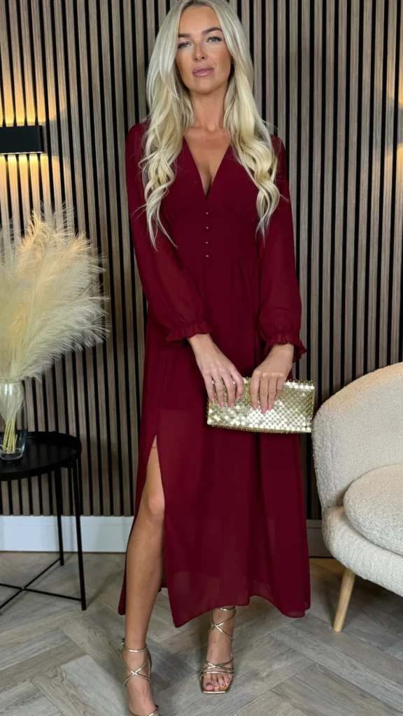 ELLE STYLE Going Out Dresses | Occasion Dresses^Bethany Burgundy V Neckline Button Detail Midi Dress