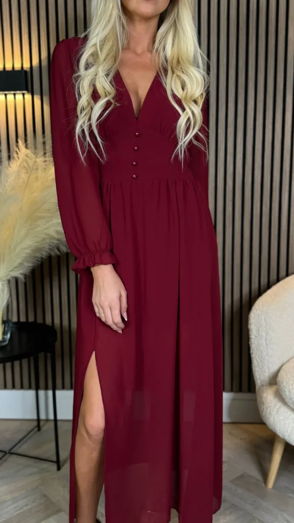 ELLE STYLE Going Out Dresses | Occasion Dresses^Bethany Burgundy V Neckline Button Detail Midi Dress