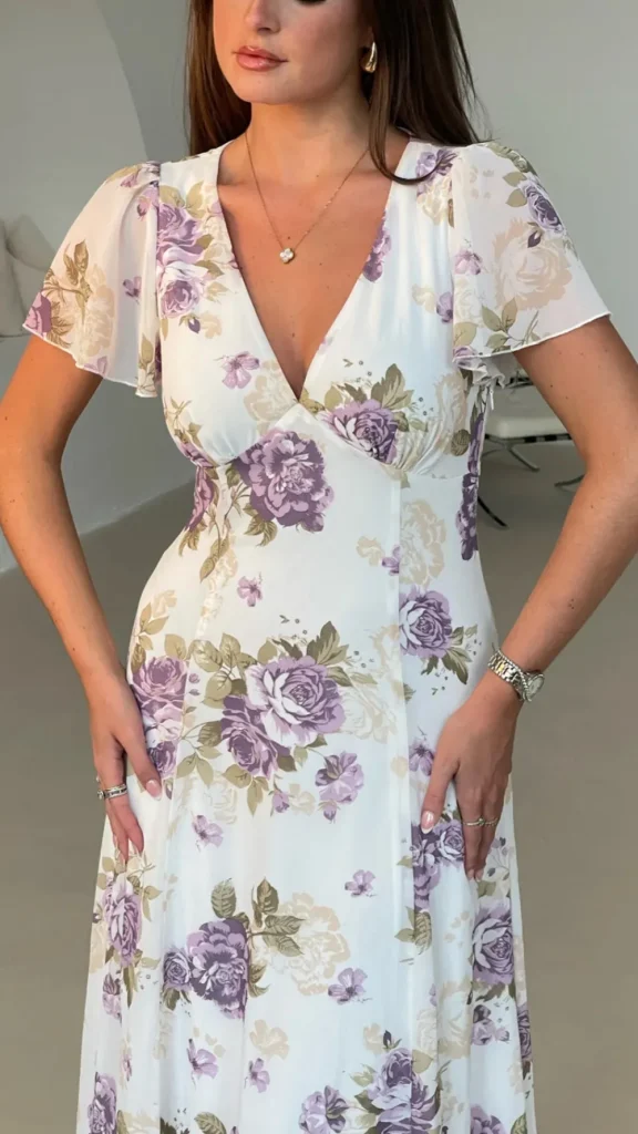 GIRL IN MIND Going Out Dresses | Occasion Dresses^Betina White & Purple Short Sleeve Floral Print Midi Dress