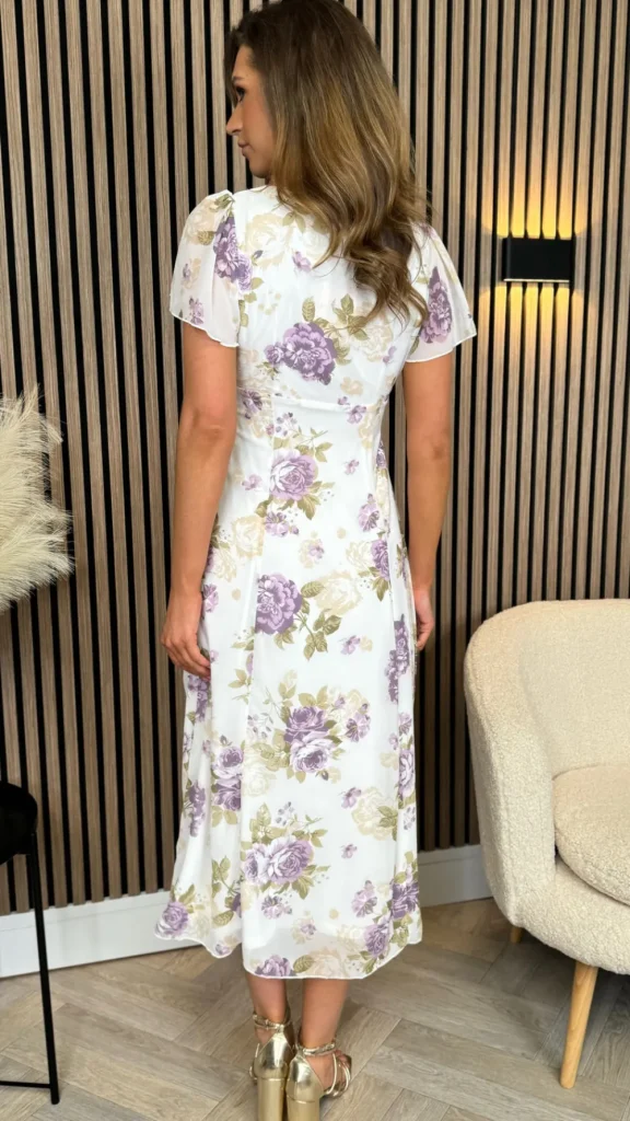 GIRL IN MIND Going Out Dresses | Occasion Dresses^Betina White & Purple Short Sleeve Floral Print Midi Dress