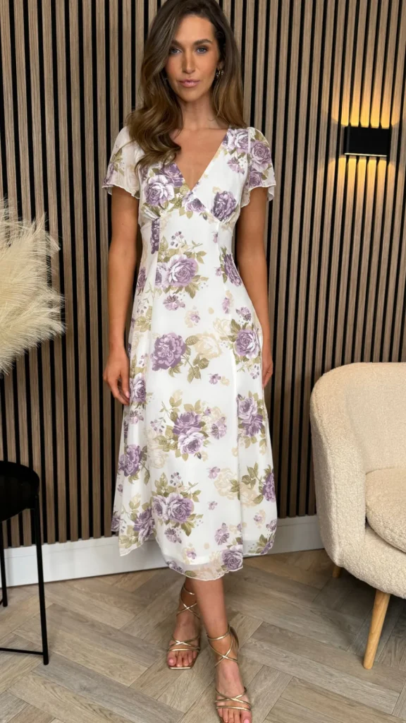 GIRL IN MIND Going Out Dresses | Occasion Dresses^Betina White & Purple Short Sleeve Floral Print Midi Dress
