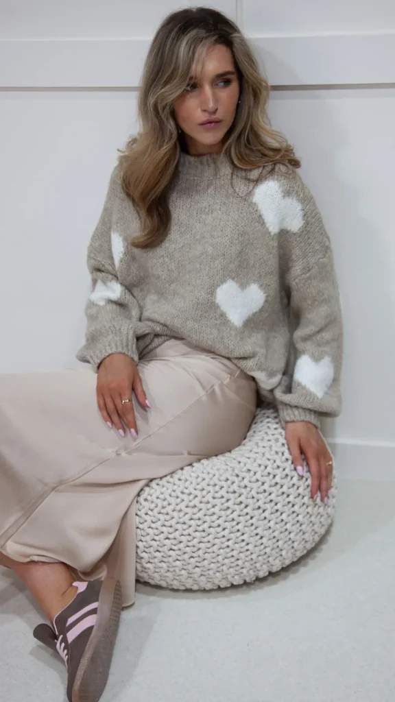 ESTEE BROWN Knitwear^Bonnie Taupe With White Printed Hearts Jumper