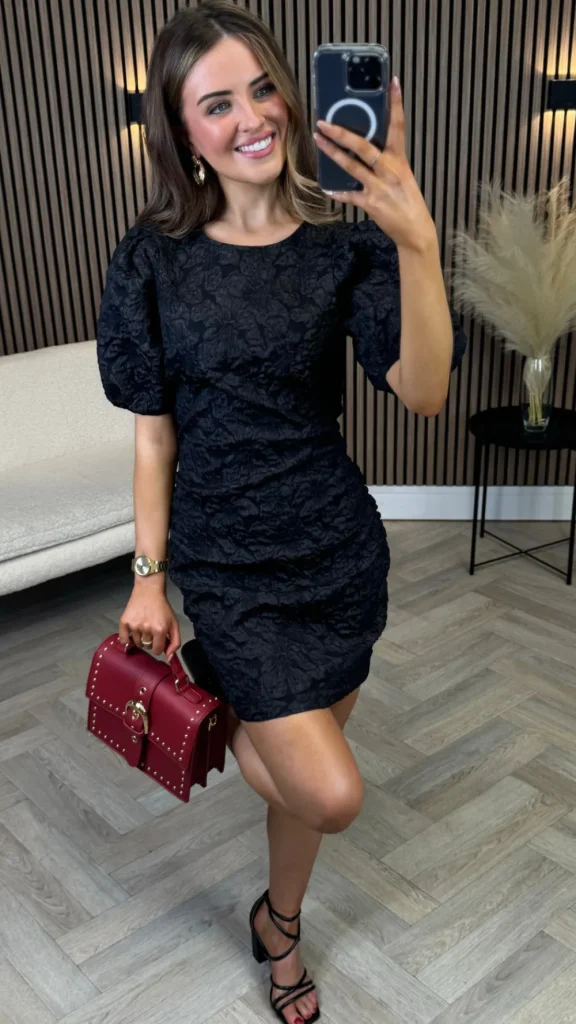 BABEZ LONDON Going Out Dresses | Occasion Dresses^Breanna Black Floral Jacquard Puff Sleeves Dress