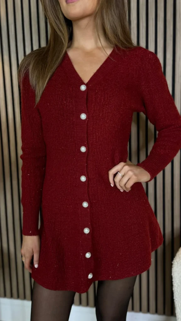 TIMELY Knitwear | Day Dresses^Brionna Burgundy Pearl Button Down Knit Mini Dress