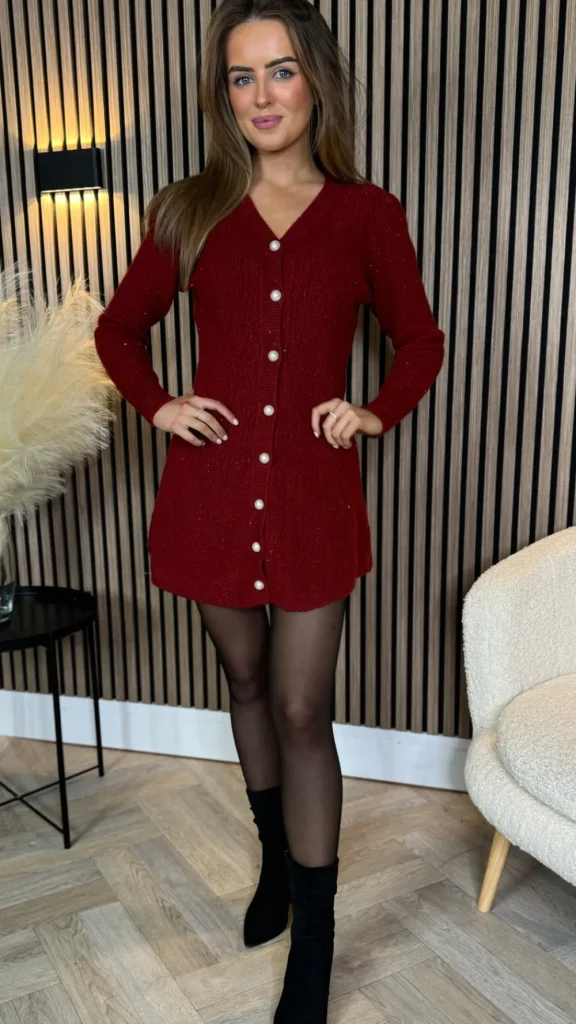 TIMELY Knitwear | Day Dresses^Brionna Burgundy Pearl Button Down Knit Mini Dress
