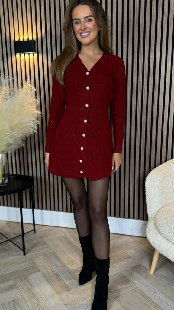 TIMELY Knitwear | Day Dresses^Brionna Burgundy Pearl Button Down Knit Mini Dress