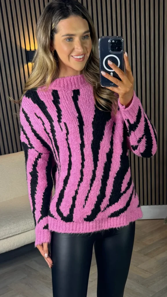 ESTEE BROWN Knitwear^Brooke Pink & Black Printed Knit Jumper