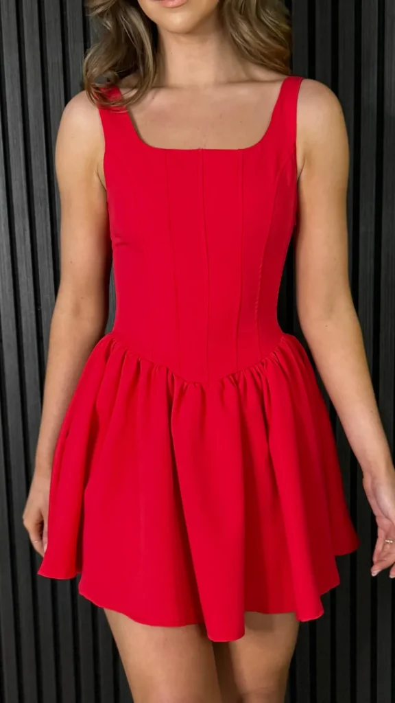 COPPEROSE Going Out Dresses | Occasion Dresses^Callie Red Square Neckline Panel Detail Skater Mini Dress