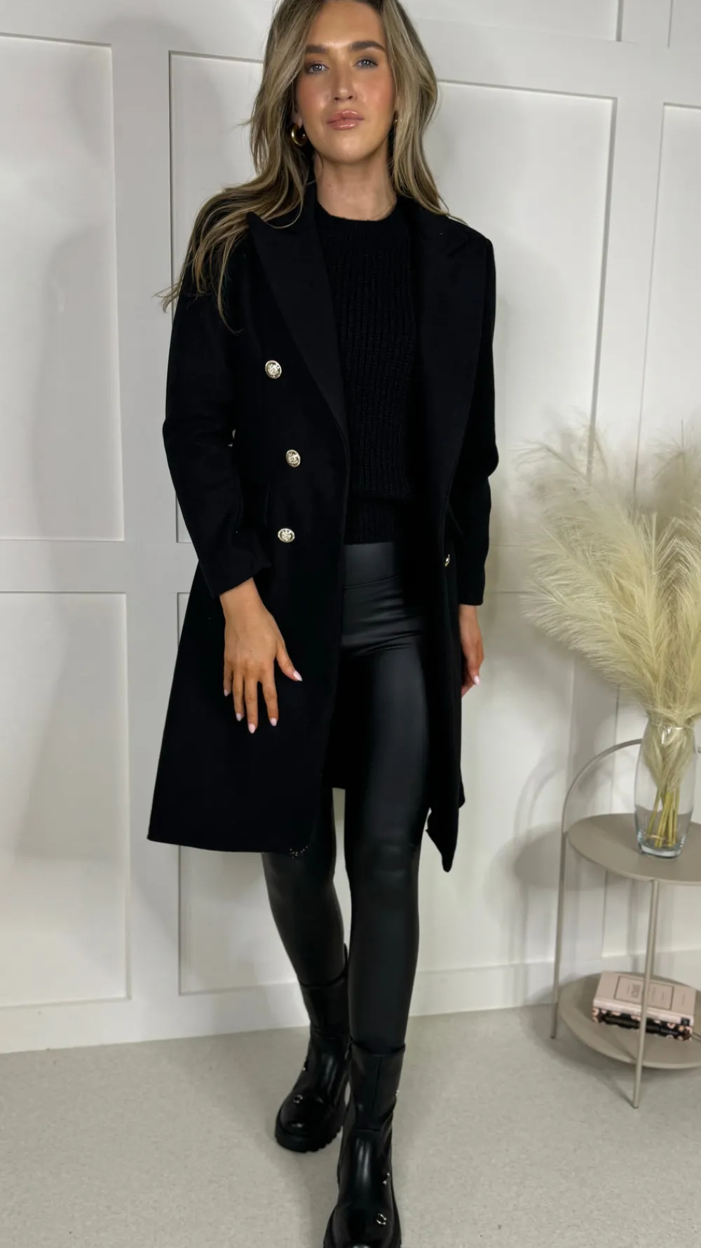 camilla_black_collared_go_1.webp ROSY DAYS DESVENCHY Coats & Jackets^Camilla Black Collared Gold Button Detail Coat