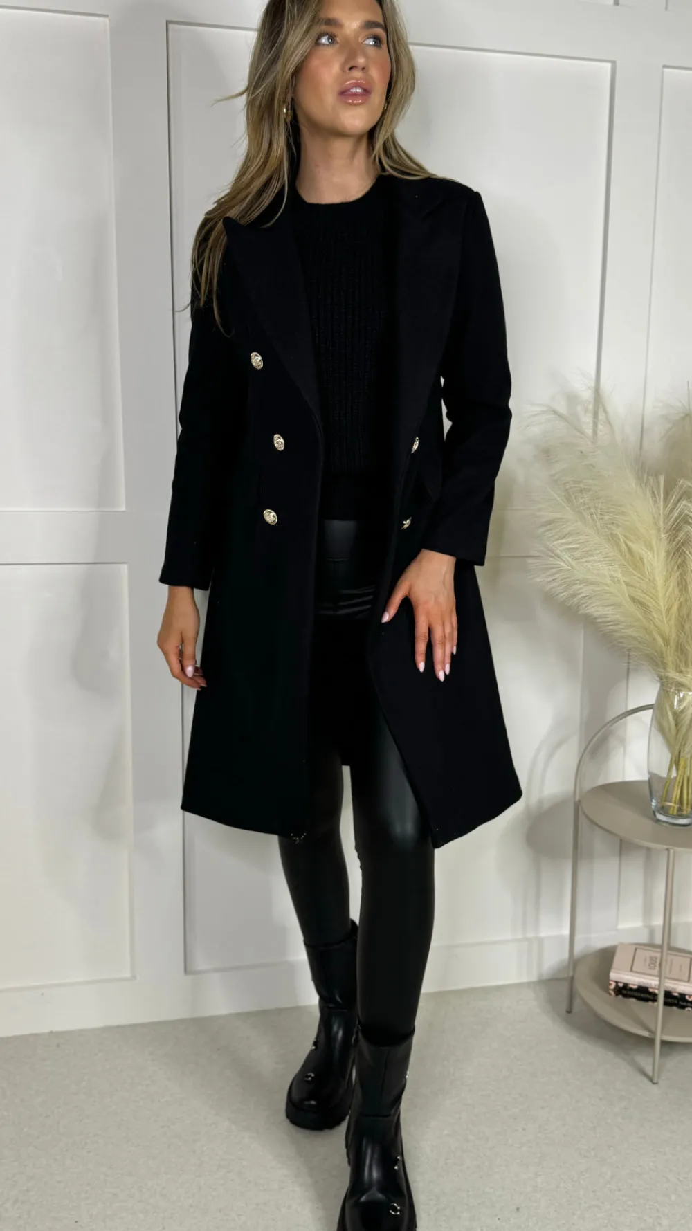 camilla_black_collared_go_2.webp ROSY DAYS DESVENCHY Coats & Jackets^Camilla Black Collared Gold Button Detail Coat