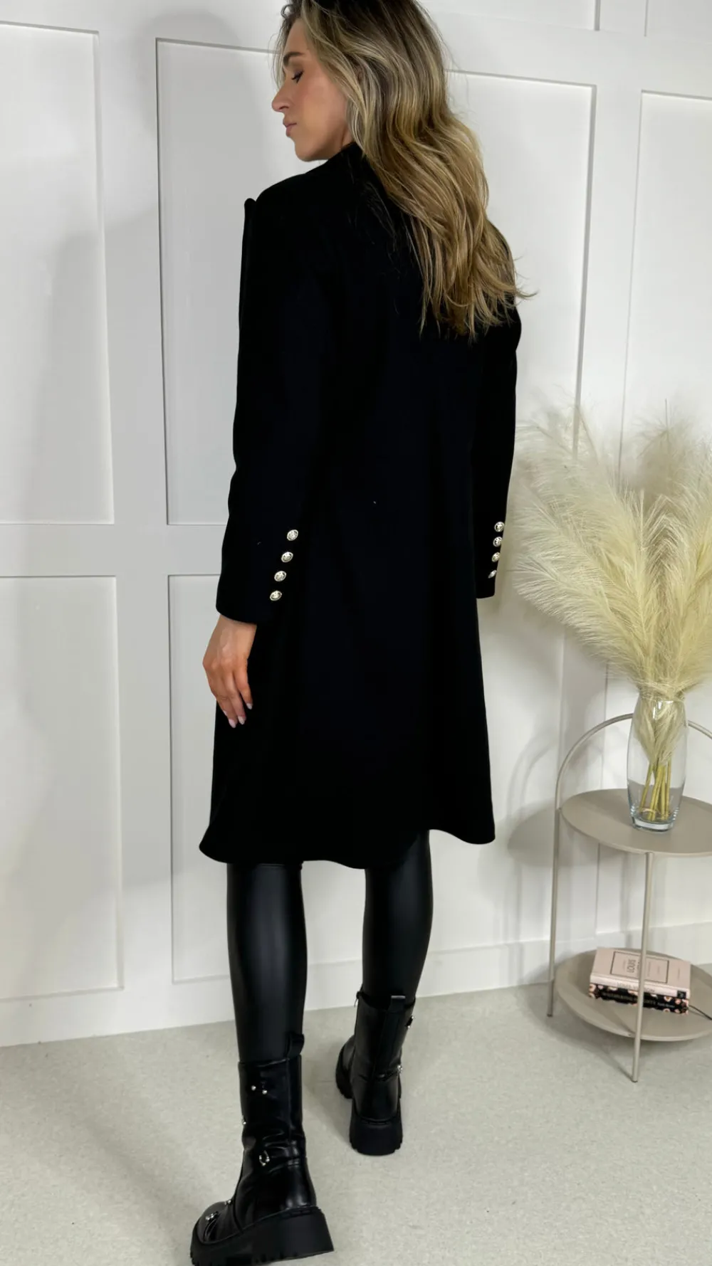 camilla_black_collared_go_3.webp ROSY DAYS DESVENCHY Coats & Jackets^Camilla Black Collared Gold Button Detail Coat