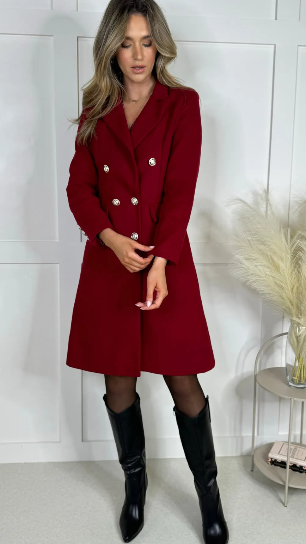 camilla_burgundy_collared_2.webp ROSY DAYS DESVENCHY Coats & Jackets^Camilla Burgundy Collared Gold Button Detail Coat