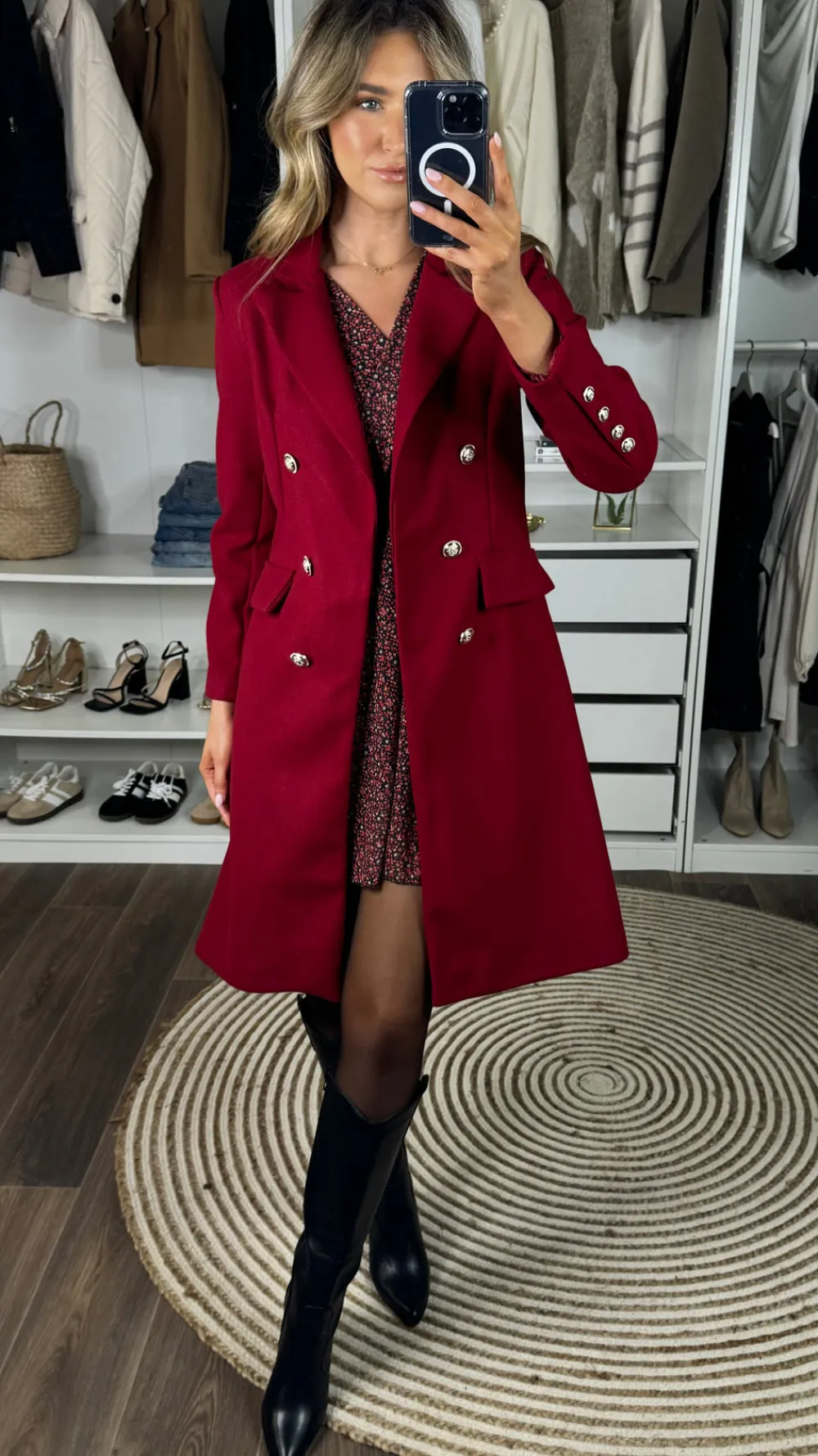 camilla_burgundy_collared_3.webp ROSY DAYS DESVENCHY Coats & Jackets^Camilla Burgundy Collared Gold Button Detail Coat