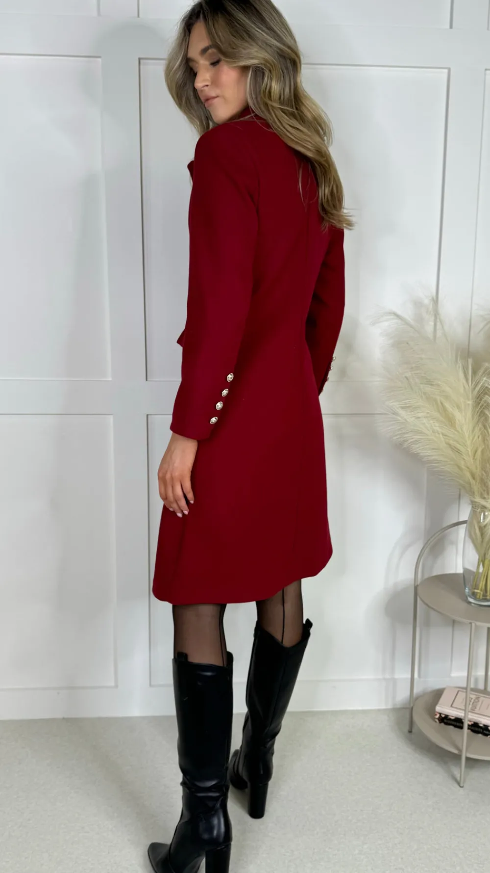 camilla_burgundy_collared_5.webp ROSY DAYS DESVENCHY Coats & Jackets^Camilla Burgundy Collared Gold Button Detail Coat