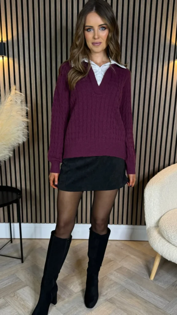 SO TWICE Knitwear^Camille Burgundy Ribbed Jumper With Shirt Detail