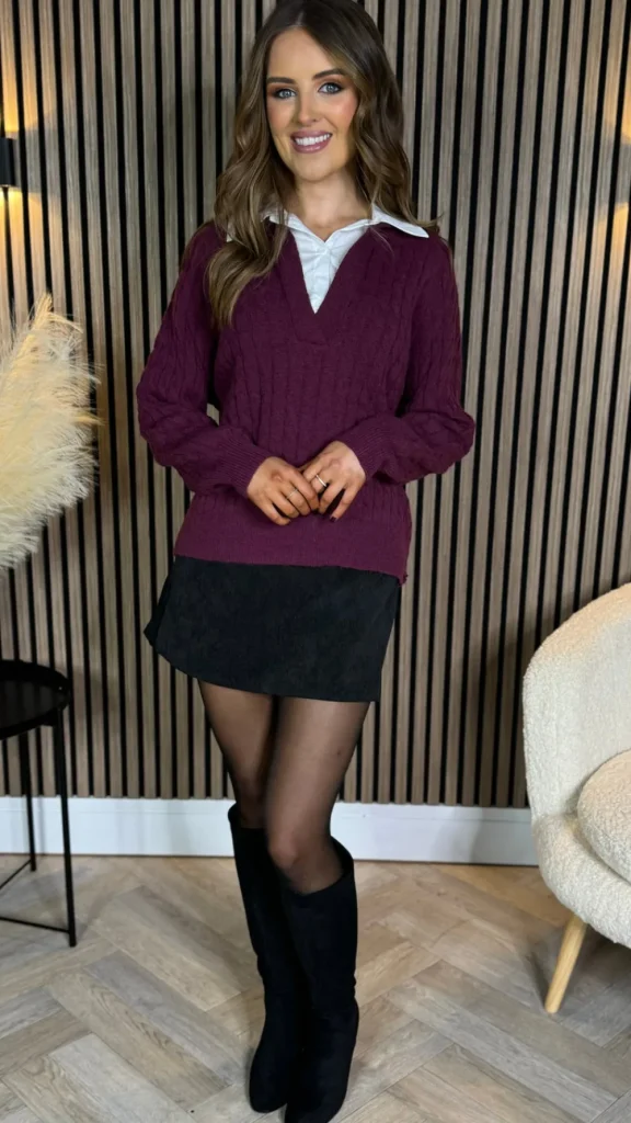 SO TWICE Knitwear^Camille Burgundy Ribbed Jumper With Shirt Detail