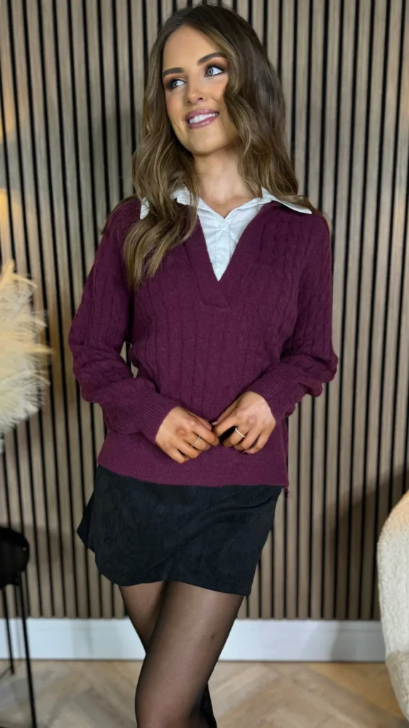 SO TWICE Knitwear^Camille Burgundy Ribbed Jumper With Shirt Detail