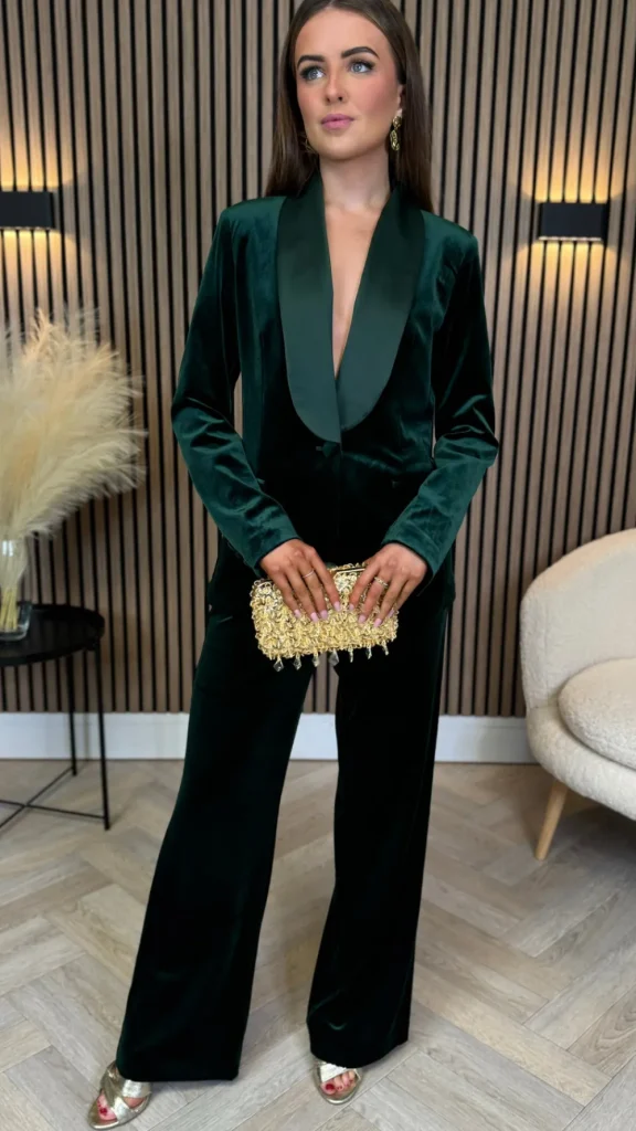 ATTENTIF Co-ords | Blazers^Carina Forest Green Velvet Trousers & Blazer Co-Ord