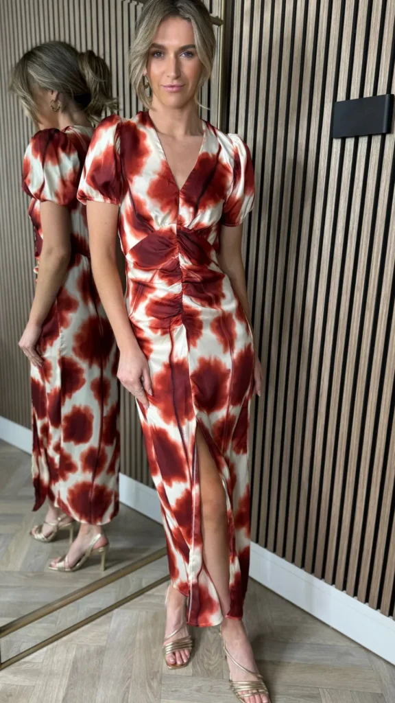 AX PARIS Going Out Dresses | Occasion Dresses^Carlota Rust Printed Puff Sleeve Front Split Midi Dress