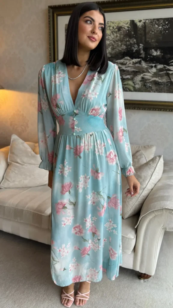 ELLE STYLE Going Out Dresses | Occasion Dresses^Carmen Light Green & Pink Floral Printed Midi Dress