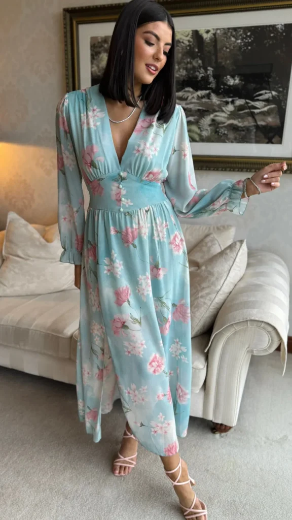 ELLE STYLE Going Out Dresses | Occasion Dresses^Carmen Light Green & Pink Floral Printed Midi Dress