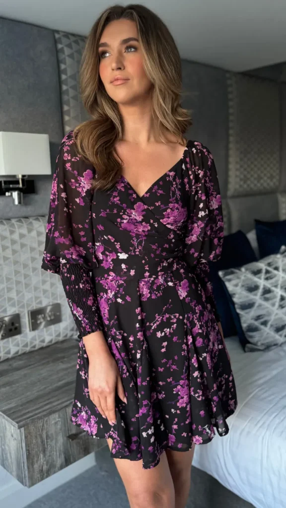 GIRL IN MIND Day Dresses | Going Out Dresses^Carole Purple Floral Wrap Neck Puff Sleeve Skater Mini Dress