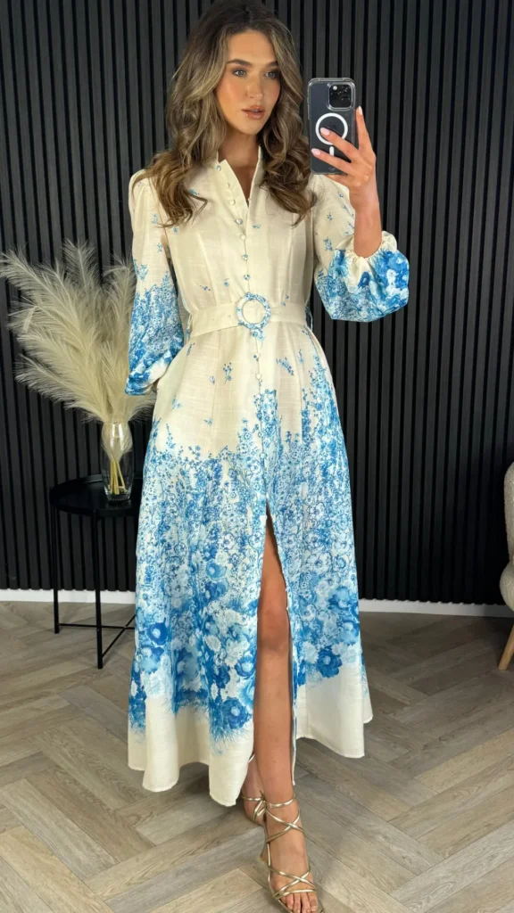 TIMELY Going Out Dresses | Occasion Dresses^Cassie Beige & Blue Floral Printed Midi Dress