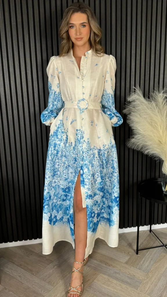 TIMELY Going Out Dresses | Occasion Dresses^Cassie Beige & Blue Floral Printed Midi Dress