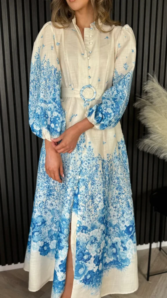 TIMELY Going Out Dresses | Occasion Dresses^Cassie Beige & Blue Floral Printed Midi Dress