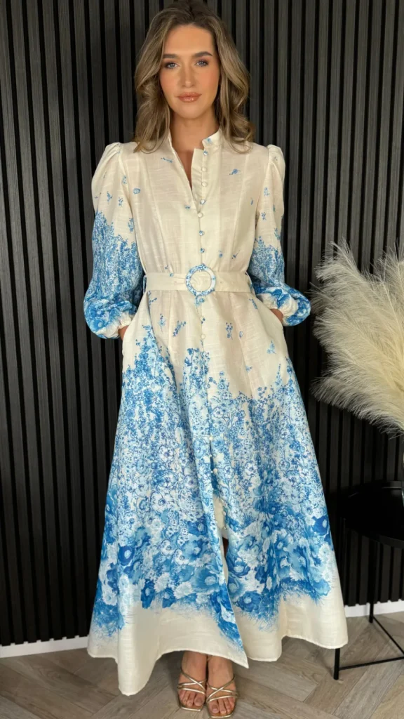 TIMELY Going Out Dresses | Occasion Dresses^Cassie Beige & Blue Floral Printed Midi Dress