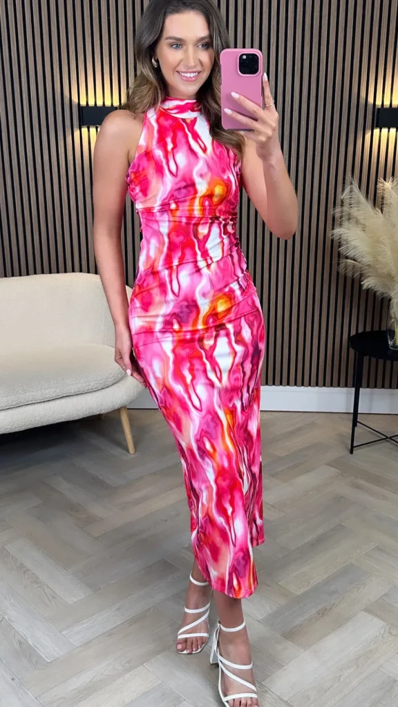 COPPEROSE Occasion Dresses | Midi Dresses^Celeste Fuchsia Printed Halterneck Midi Dress