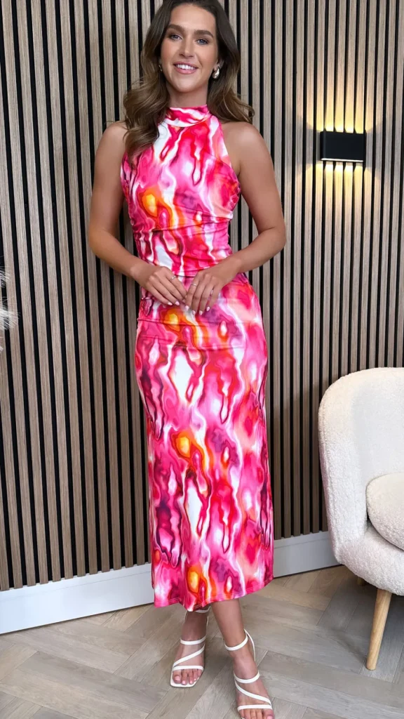 COPPEROSE Occasion Dresses | Midi Dresses^Celeste Fuchsia Printed Halterneck Midi Dress