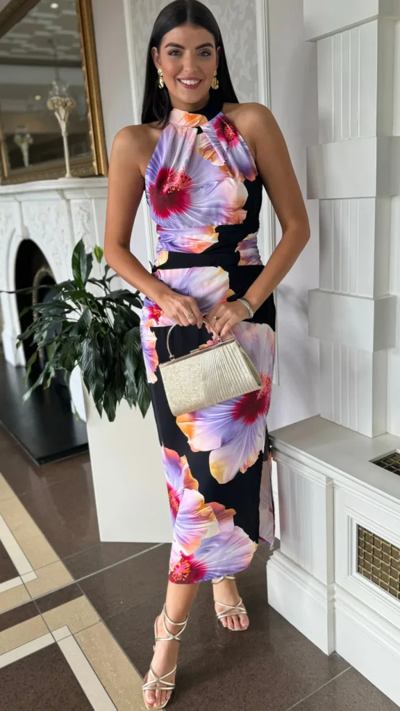 AX PARIS Going Out Dresses | Occasion Dresses^Chantelle Black & Lilac Floral Print Halter Neck Midi Dress