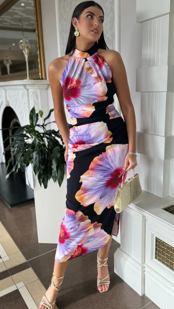 AX PARIS Going Out Dresses | Occasion Dresses^Chantelle Black & Lilac Floral Print Halter Neck Midi Dress