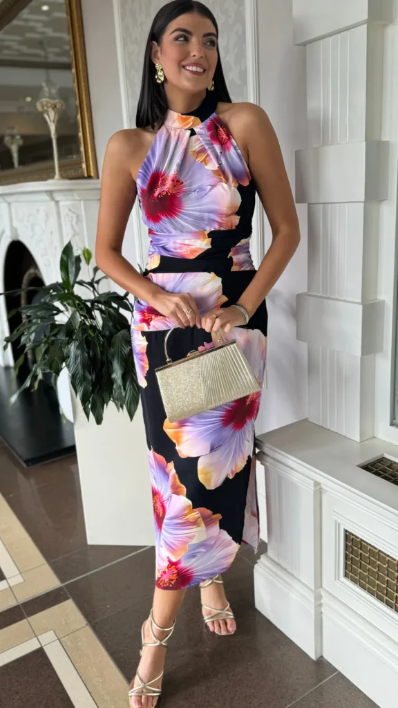 AX PARIS Going Out Dresses | Occasion Dresses^Chantelle Black & Lilac Floral Print Halter Neck Midi Dress
