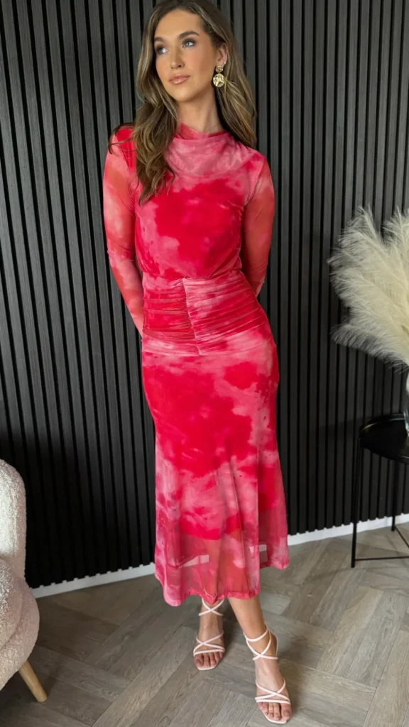 COPPEROSE Going Out Dresses | Occasion Dresses^Charlene Red Printed Ruched Cowl Collar Midi Dress