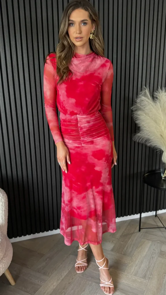 COPPEROSE Going Out Dresses | Occasion Dresses^Charlene Red Printed Ruched Cowl Collar Midi Dress