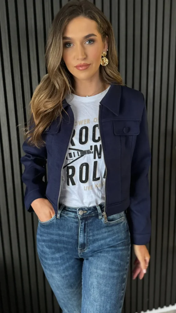 FEELKOO Coats & Jackets^Charmaine Navy Collared Zip Detail Jacket