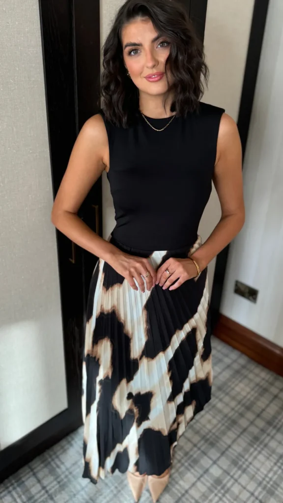 AX PARIS Going Out Dresses | Occasion Dresses^Chrissy Black & Beige Marble Print Asymmetric Hem Pleated Midi Dress