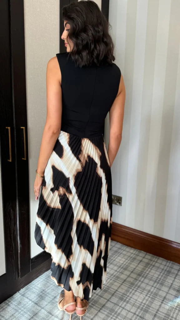 AX PARIS Going Out Dresses | Occasion Dresses^Chrissy Black & Beige Marble Print Asymmetric Hem Pleated Midi Dress