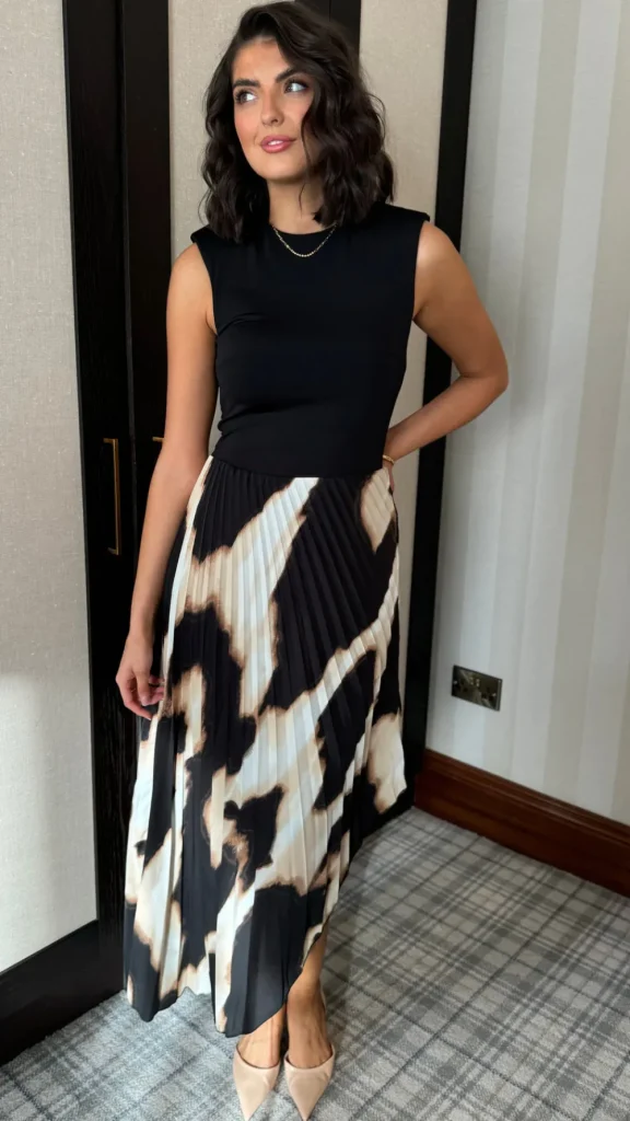 AX PARIS Going Out Dresses | Occasion Dresses^Chrissy Black & Beige Marble Print Asymmetric Hem Pleated Midi Dress
