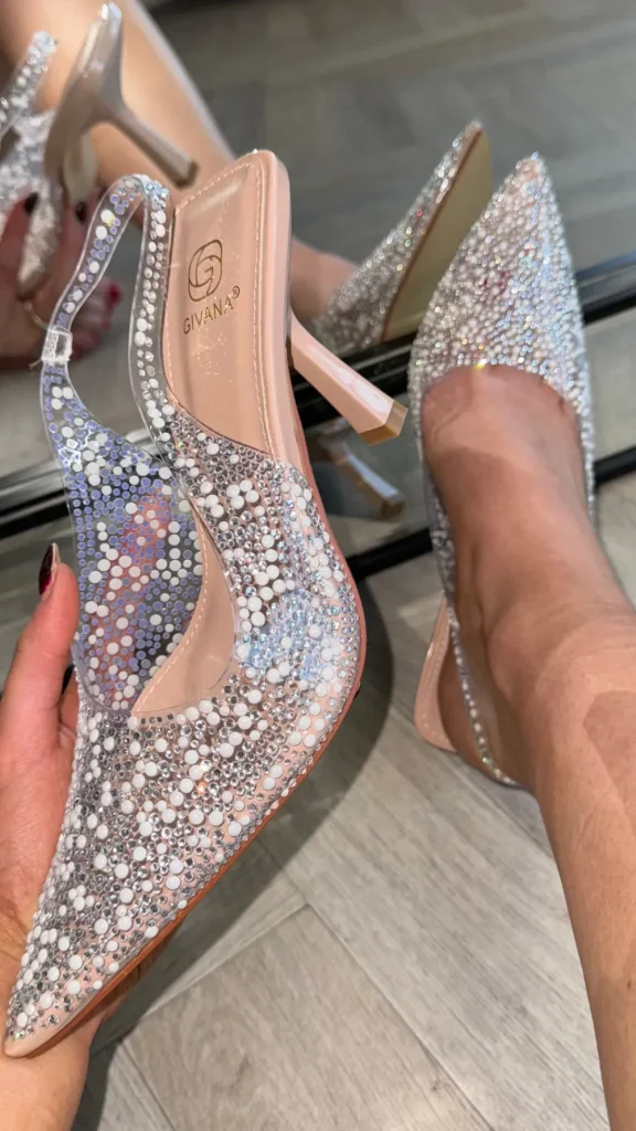 SAS ACTIV GIVANA Heels^Christie Beige Diamante & Pearl Embellished Slingback Stilettos