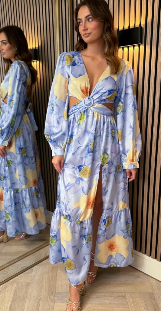 ELENZA Going Out Dresses | Midi Dresses^Christine Blue Floral Printed Cut Out Detail Midi Dress