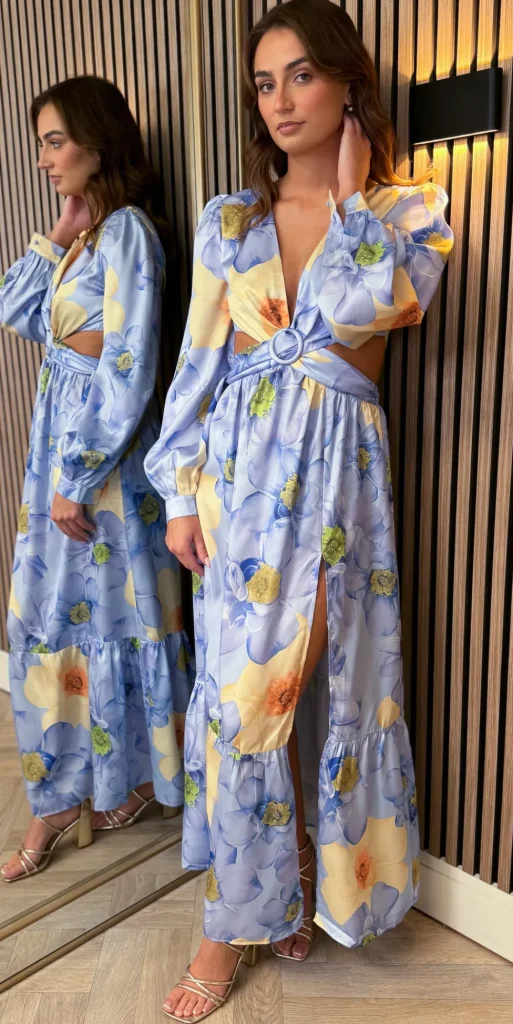 ELENZA Going Out Dresses | Midi Dresses^Christine Blue Floral Printed Cut Out Detail Midi Dress