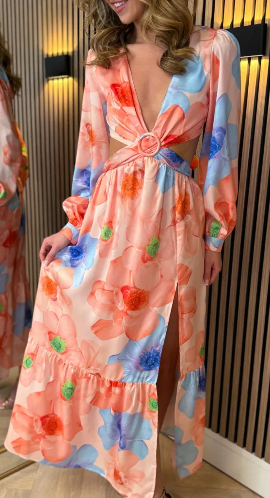 ELENZA Going Out Dresses | Midi Dresses^Christine Orange Floral Printed Cut Out Detail Midi Dress