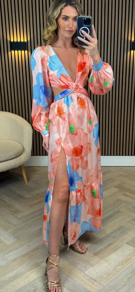 ELENZA Going Out Dresses | Midi Dresses^Christine Orange Floral Printed Cut Out Detail Midi Dress